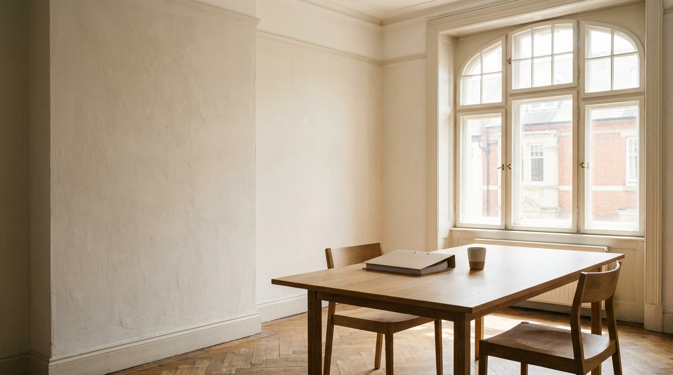 Besprechungszimmer der Kanzlei mit Holztisch, zwei Stühlen und großem Sprossenfenster