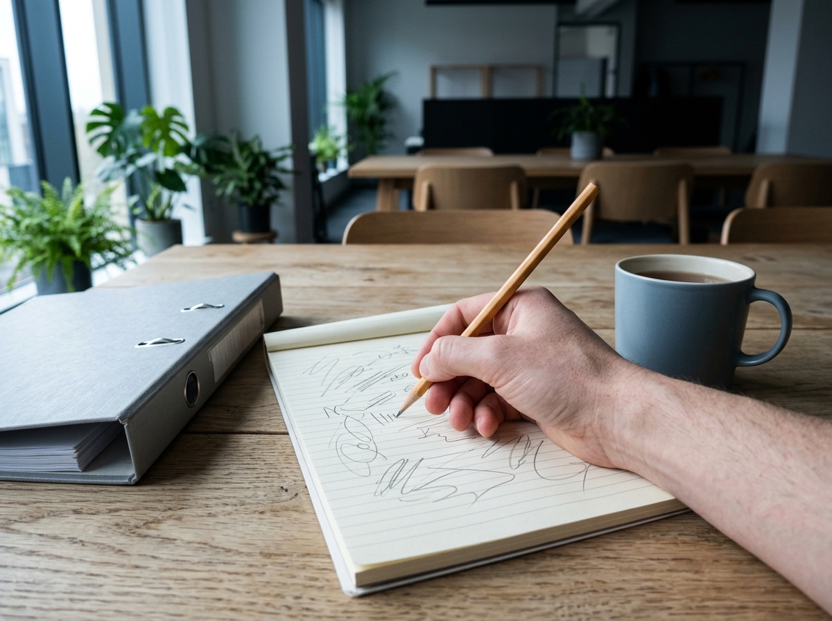 A hand jots down bullet points with a pencil on a notepad, next to a grey folder and a cup of tea