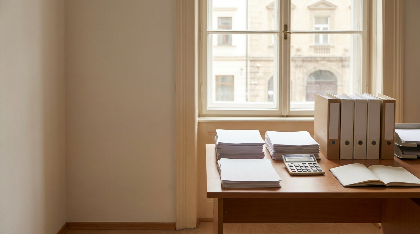 Tidy desk at a tax firm with file folders, stacks of paper and a calculator in front of a sunny window front