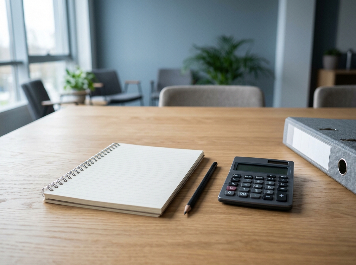 Empty notepad with pencil and calculator on a bright wooden table against a blue-grey wall