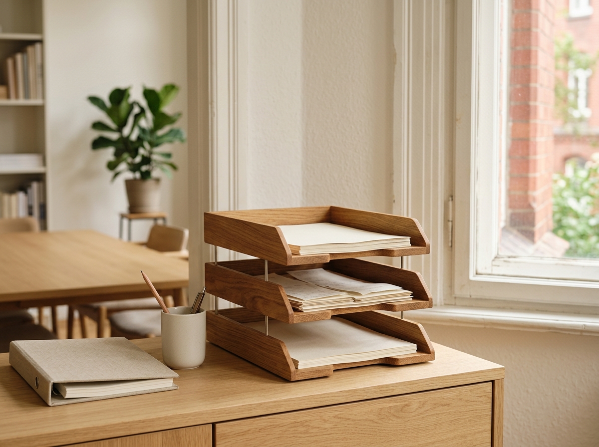 Holzablagen mit sortierten Belegen und ein Ordner auf einem Eichen-Sideboard neben einem Altbaufenster