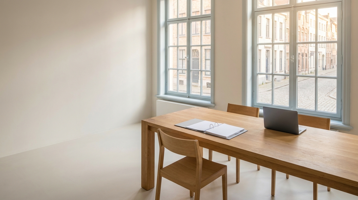 Meeting room of the tax firm with a wooden table, two chairs, a file folder and a laptop in front of tall mullioned windows