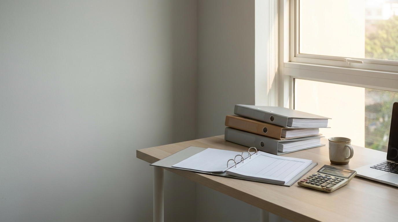 Arbeitsplatz in einer Steuerkanzlei mit Aktenordnern, Taschenrechner und Laptop am Fenster
