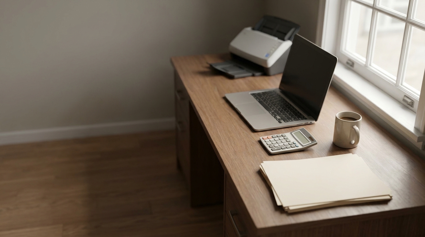 Desk in a tax firm with laptop, calculator, stack of receipts and document scanner in daylight