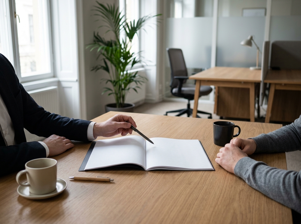 Two people at a meeting table, one pointing with a pen at an open bound report