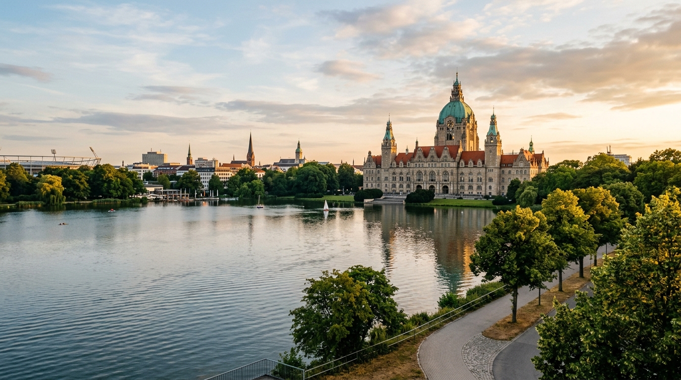 Blick über den Maschsee auf das Neue Rathaus in Hannover im Abendlicht