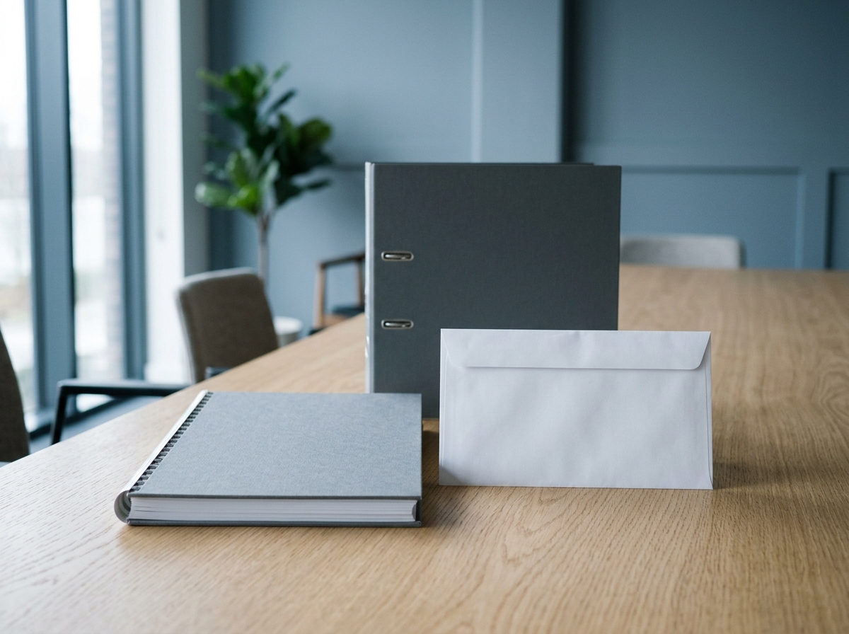 Bound annual financial statement in a grey folder with an envelope laid out on a bright wooden table