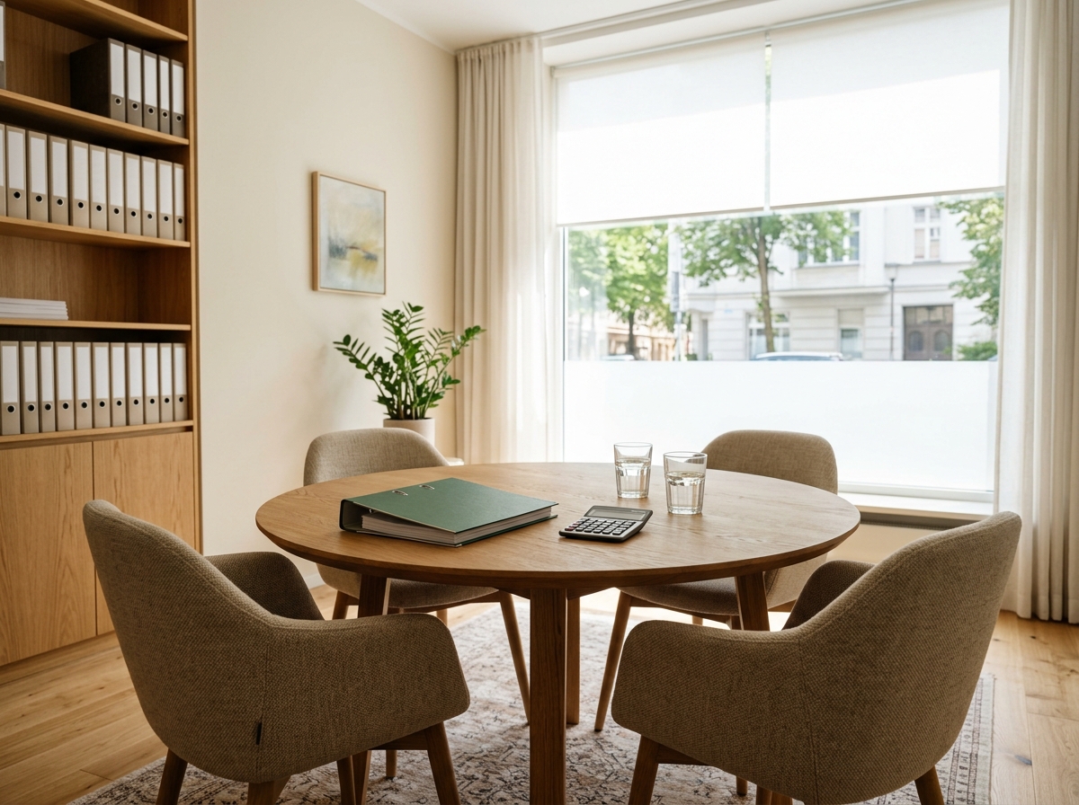 Besprechungszimmer der Steuerkanzlei mit rundem Holztisch, vier Stühlen, Aktenordner und großer Fensterfront
