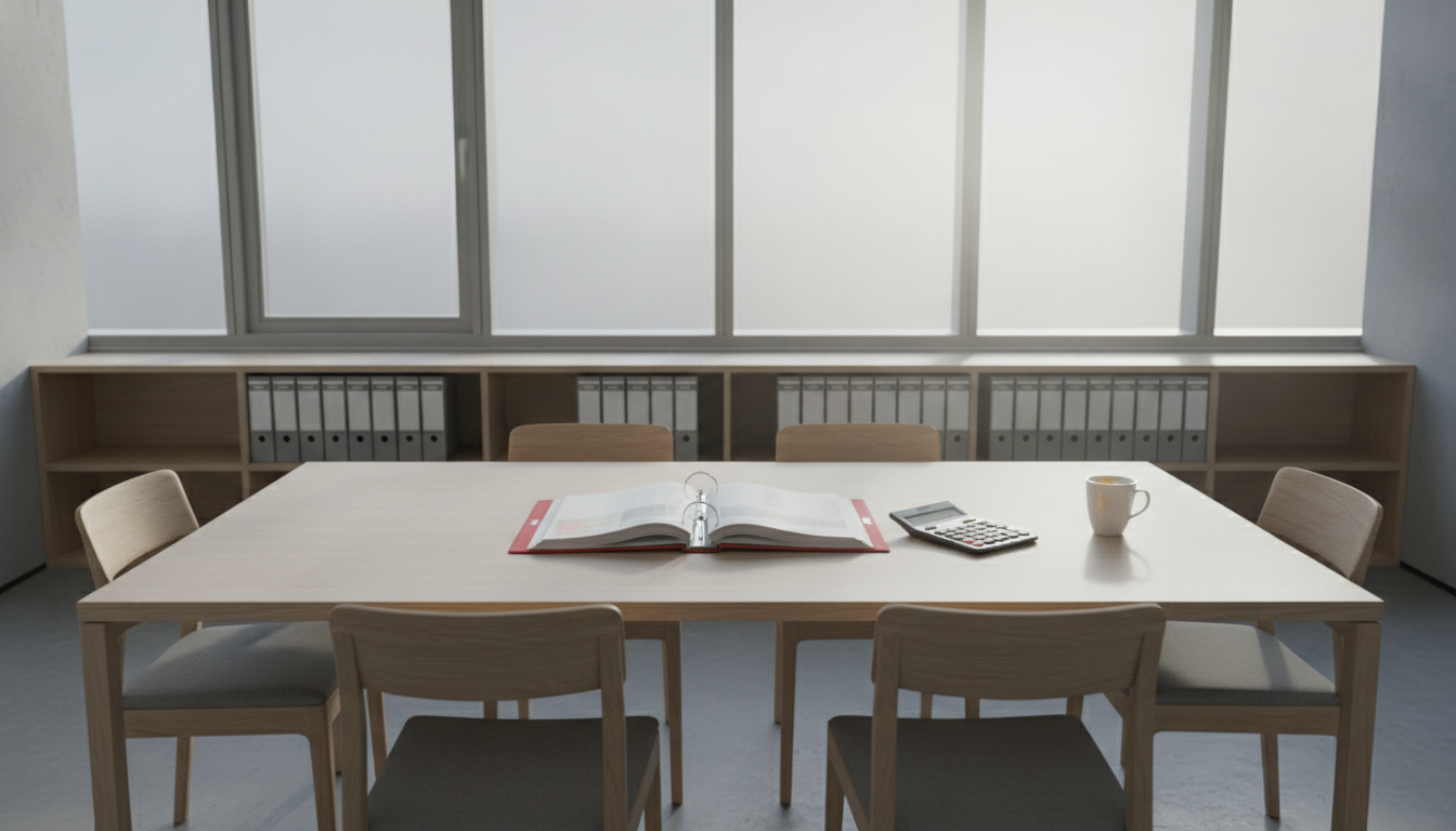 Meeting table with an open folder, calculator and coffee cup in front of a bright window front