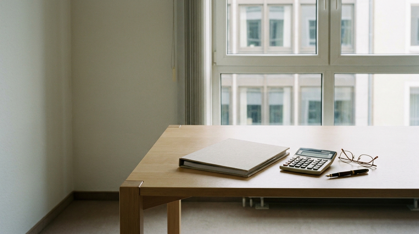 Meeting table at a tax office with a file folder, calculator, reading glasses and pen in front of a window