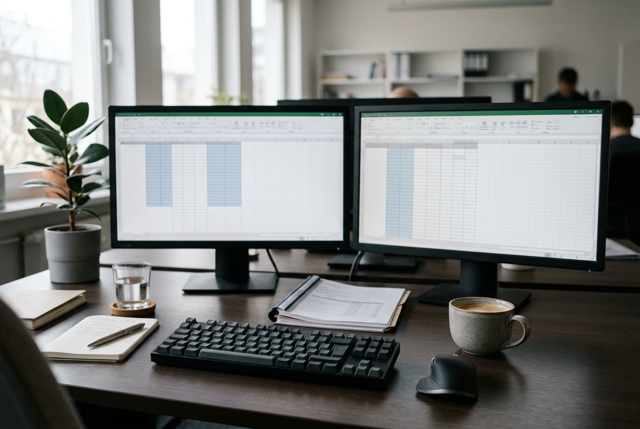 Arbeitsplatz mit zwei Monitoren und Tastatur
