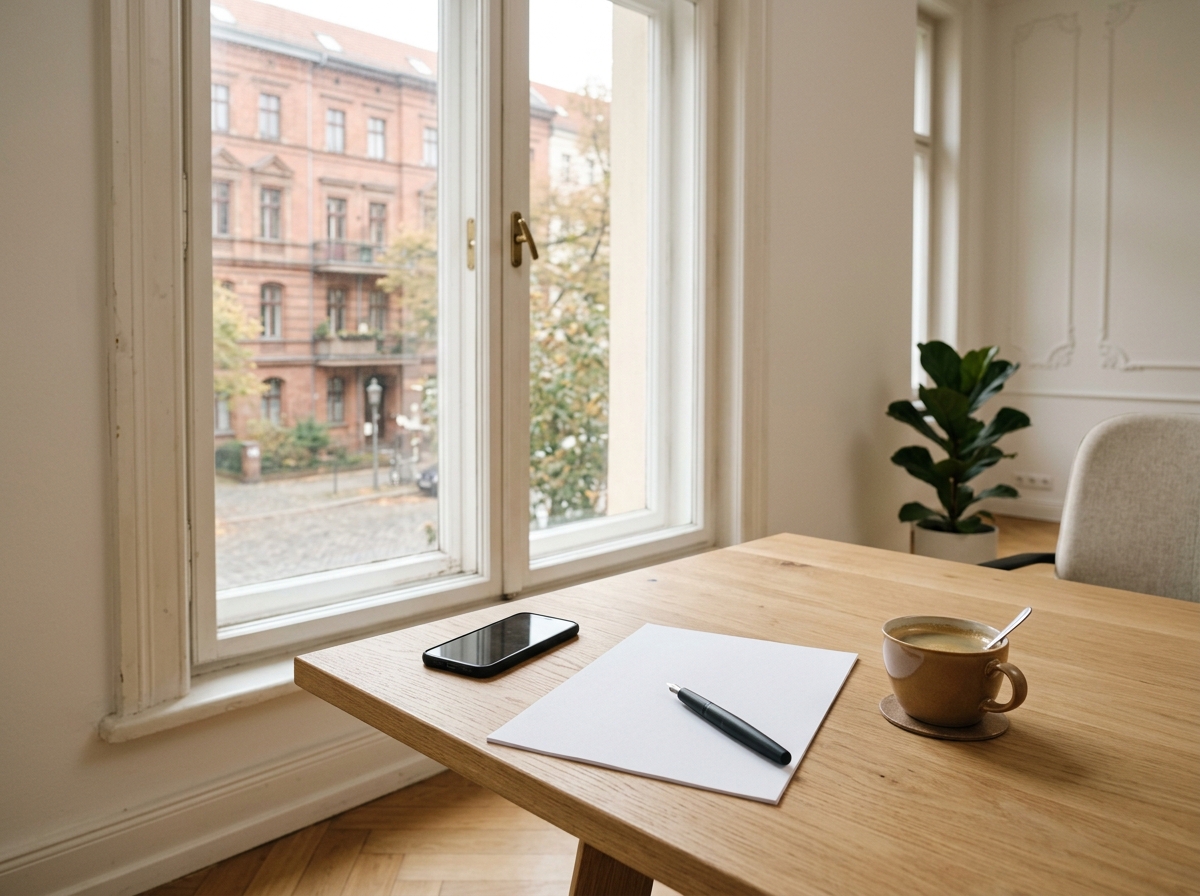Leeres Blatt, Füllhalter, Smartphone und Kaffeetasse auf einem Eichentisch am Altbaufenster