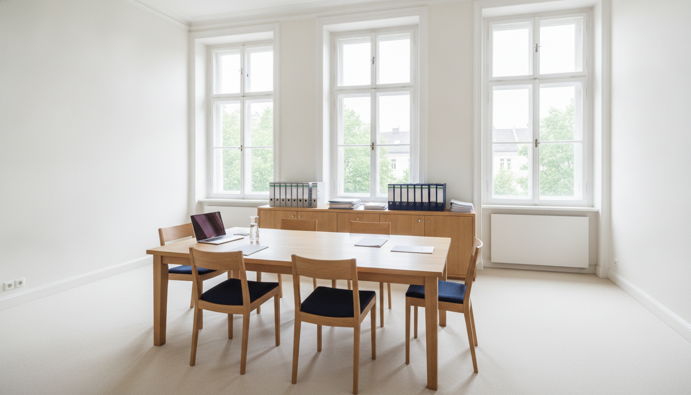 Besprechungszimmer mit Holztisch, aufgeklapptem Laptop und Aktenordnern vor großen Sprossenfenstern
