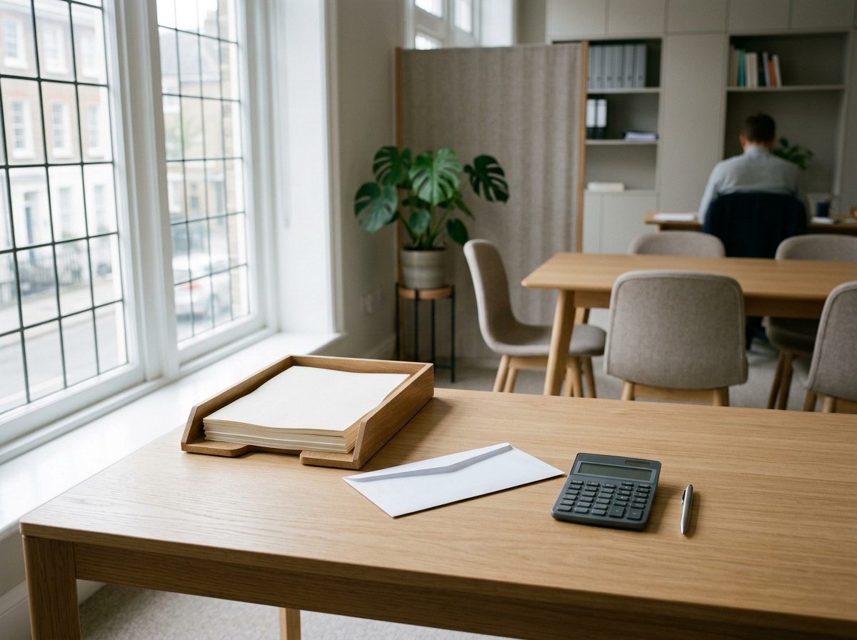 Stack of received invoices and bank statements on a bright desk, with a calculator and pen beside them