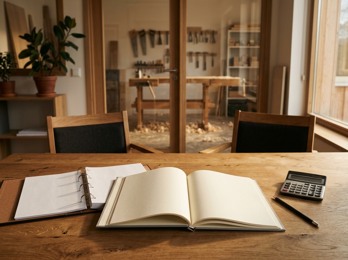 Schreibtisch im Büro eines Handwerksbetriebs mit aufgeschlagenem Abschlussentwurf, Ordner mit Kontoauszügen und Taschenrechner im warmen Nachmittagslicht