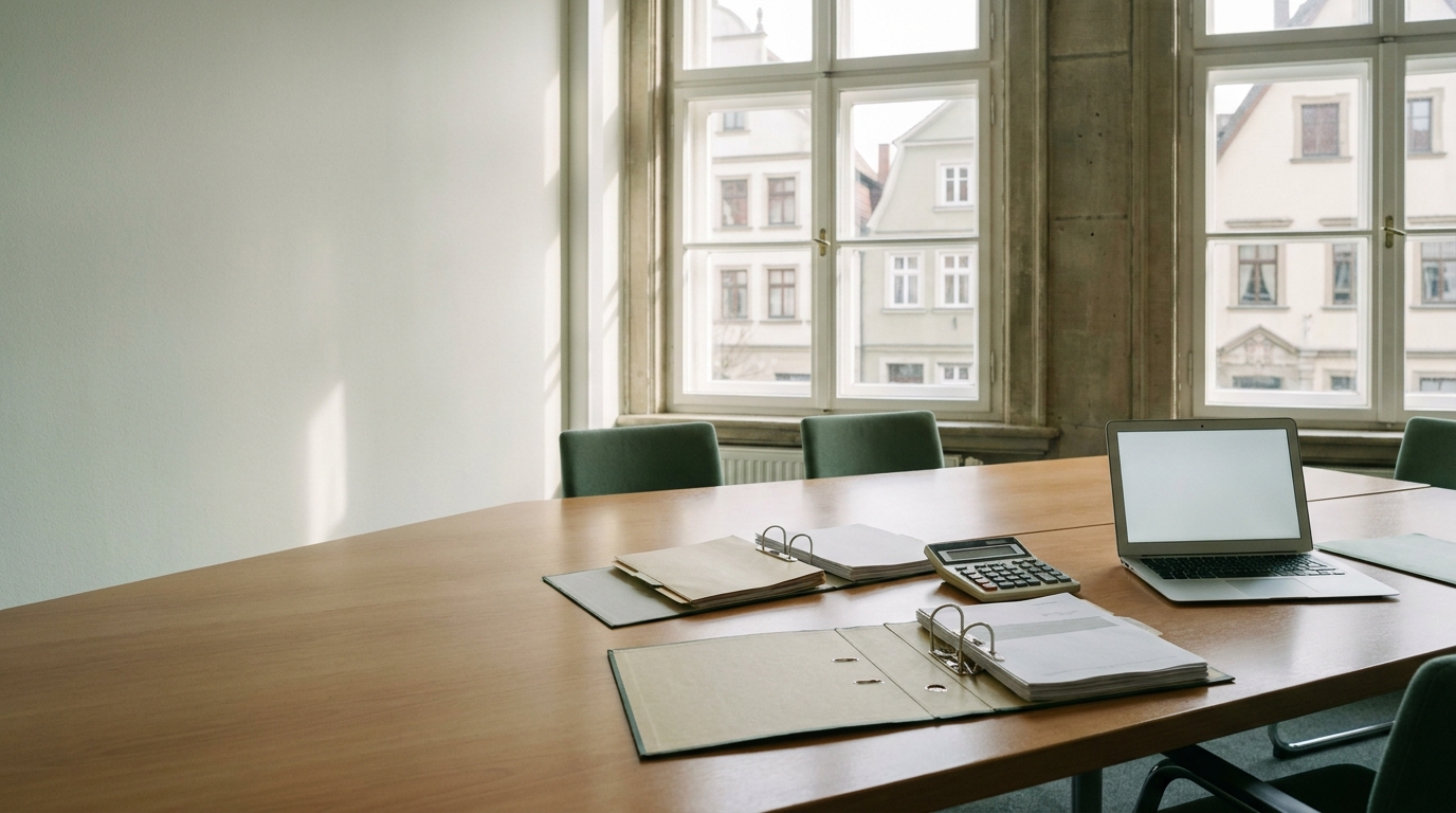 Meeting table in a tax firm with file folders, a calculator and a laptop in front of large windows