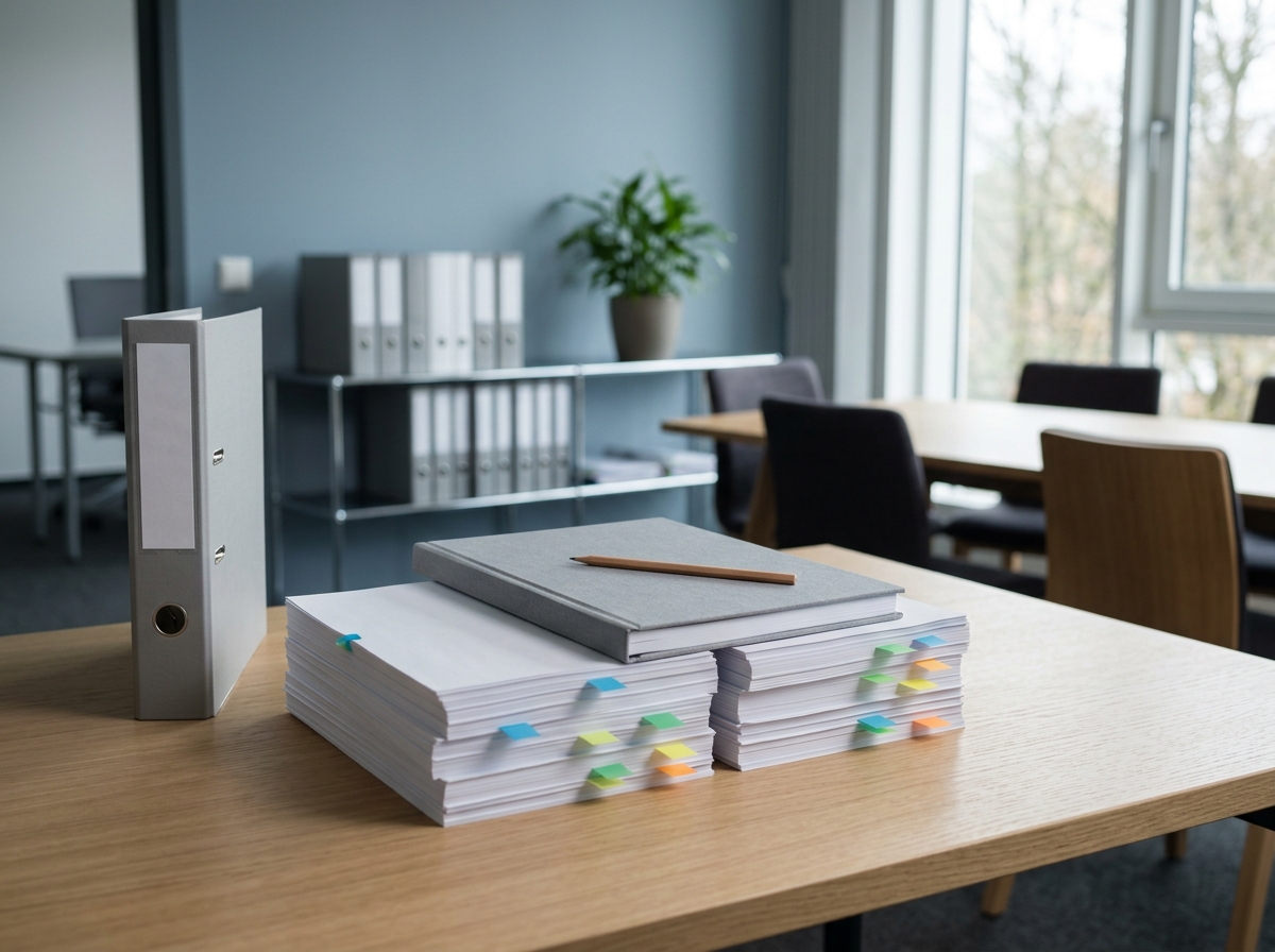 Bright wooden desk with an open folder, stacks of paper and a calculator for the closing work in front of a blue-grey wall