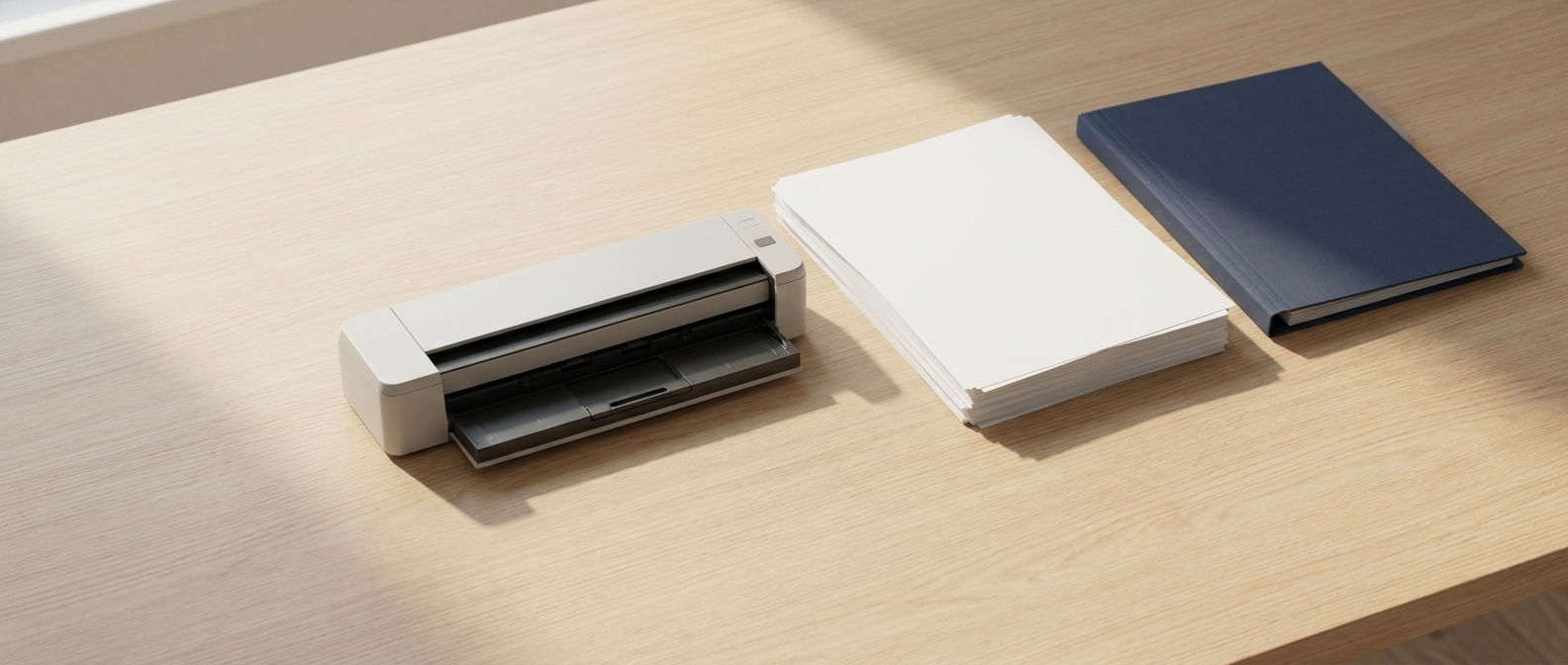 Document scanner on a wooden table next to a stack of white sheets and a dark blue ring binder