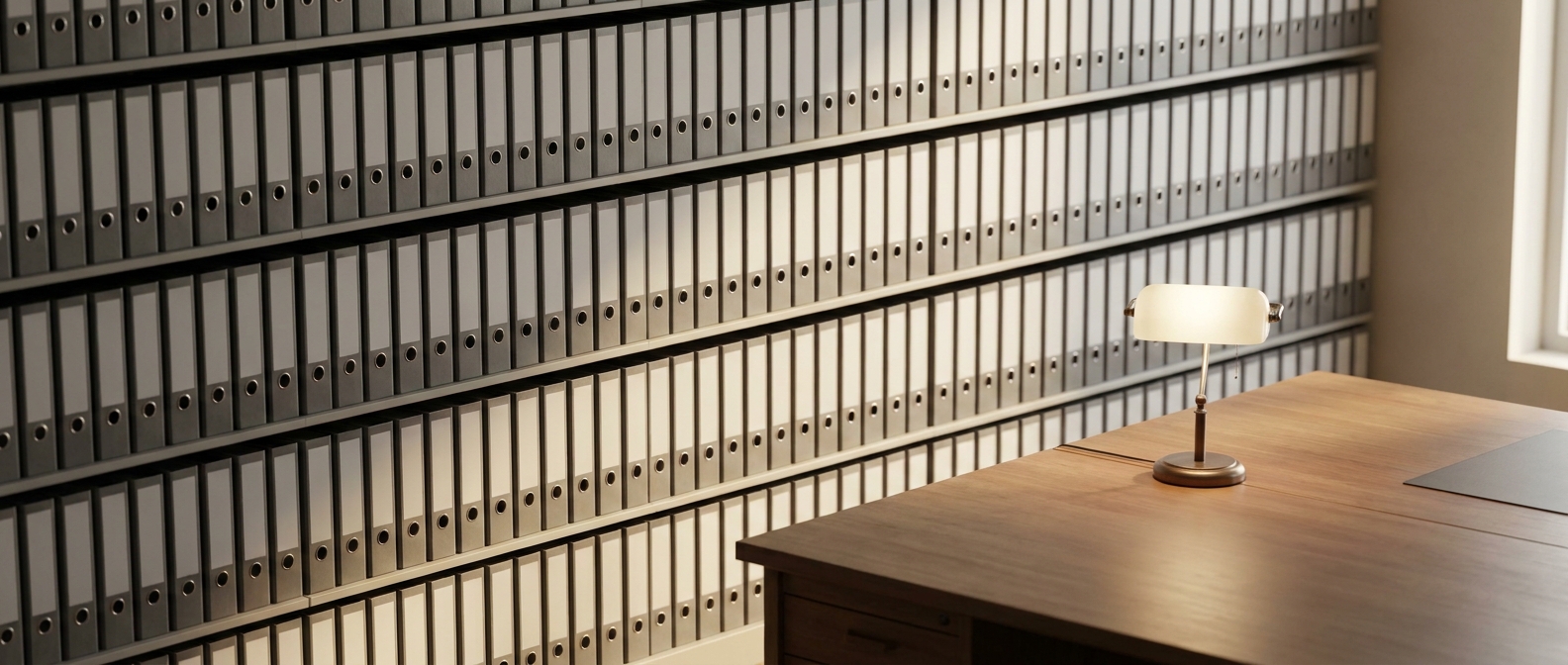 Wall with evenly arranged document folders above an empty wooden table with a reading lamp