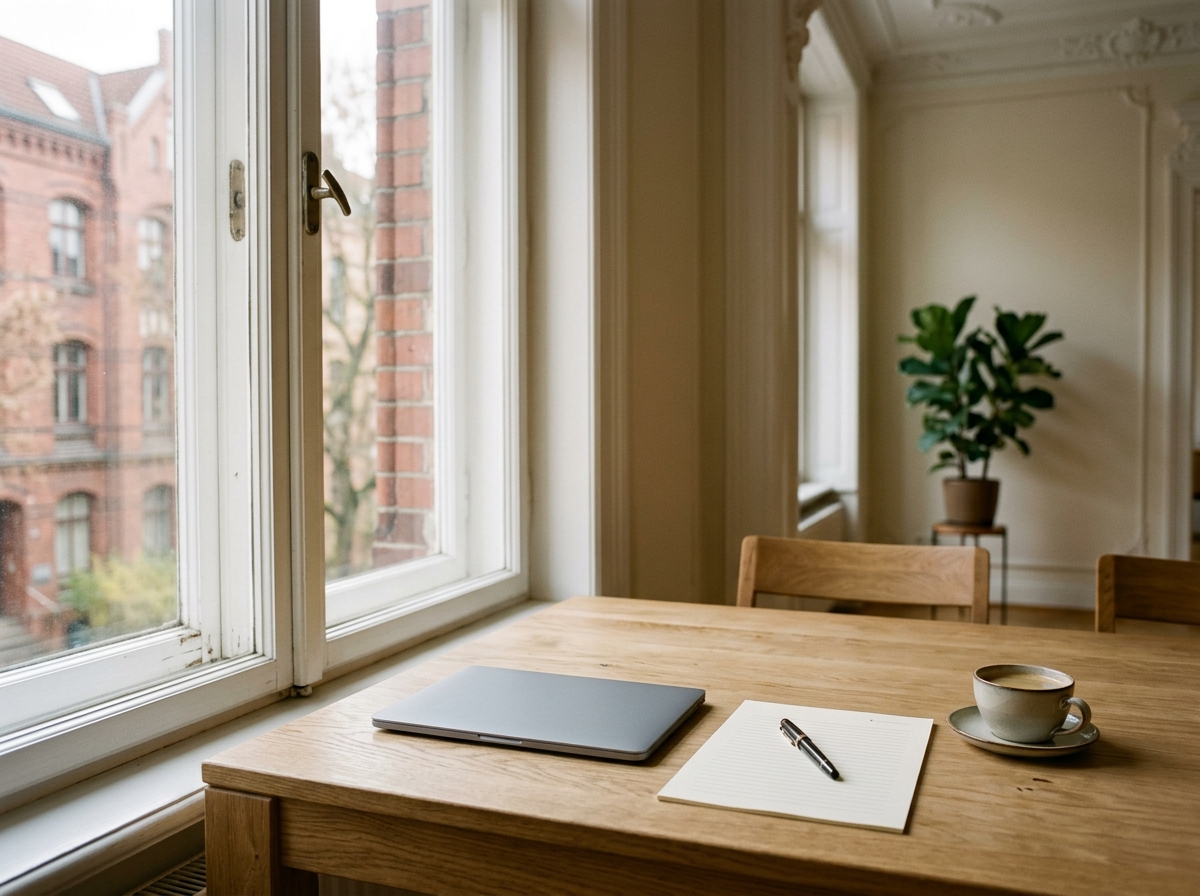 Heller Tisch am Altbaufenster mit zugeklapptem Laptop, einem Brief und Füllfederhalter