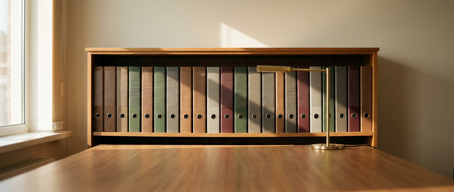 Shelf densely packed with binders, in front a wooden surface with a brass lamp in slanting afternoon light