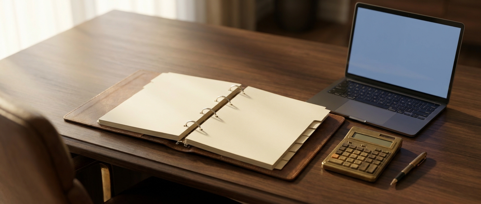 Desk with an open folder, calculator, pen and laptop at the firm